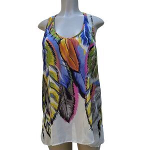Ali & Kris Tunic Tank Top Women's Large Multicolor Feather Print Sheer Racerback